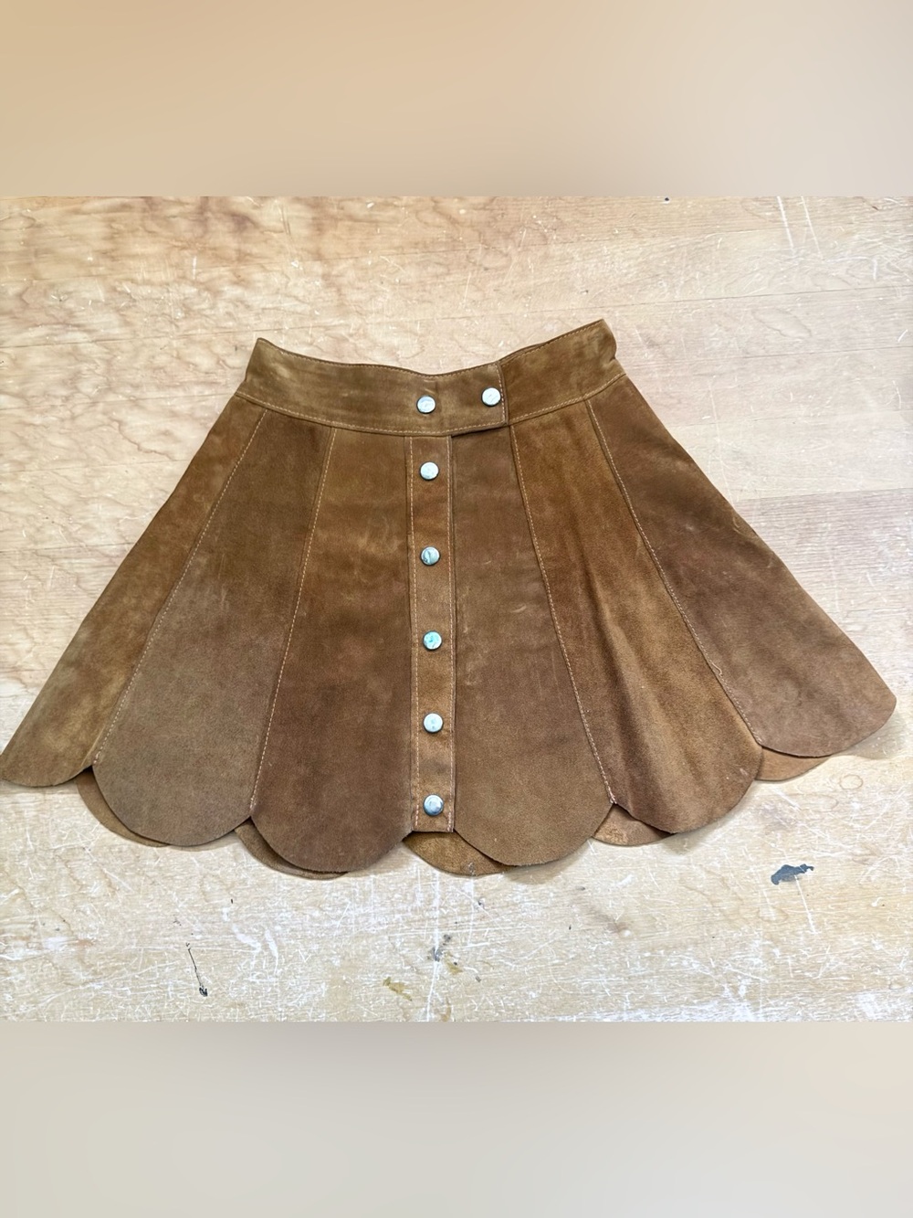 Vintage Brown Suede Leather Scalloped Mini Skirt Western 60-70s